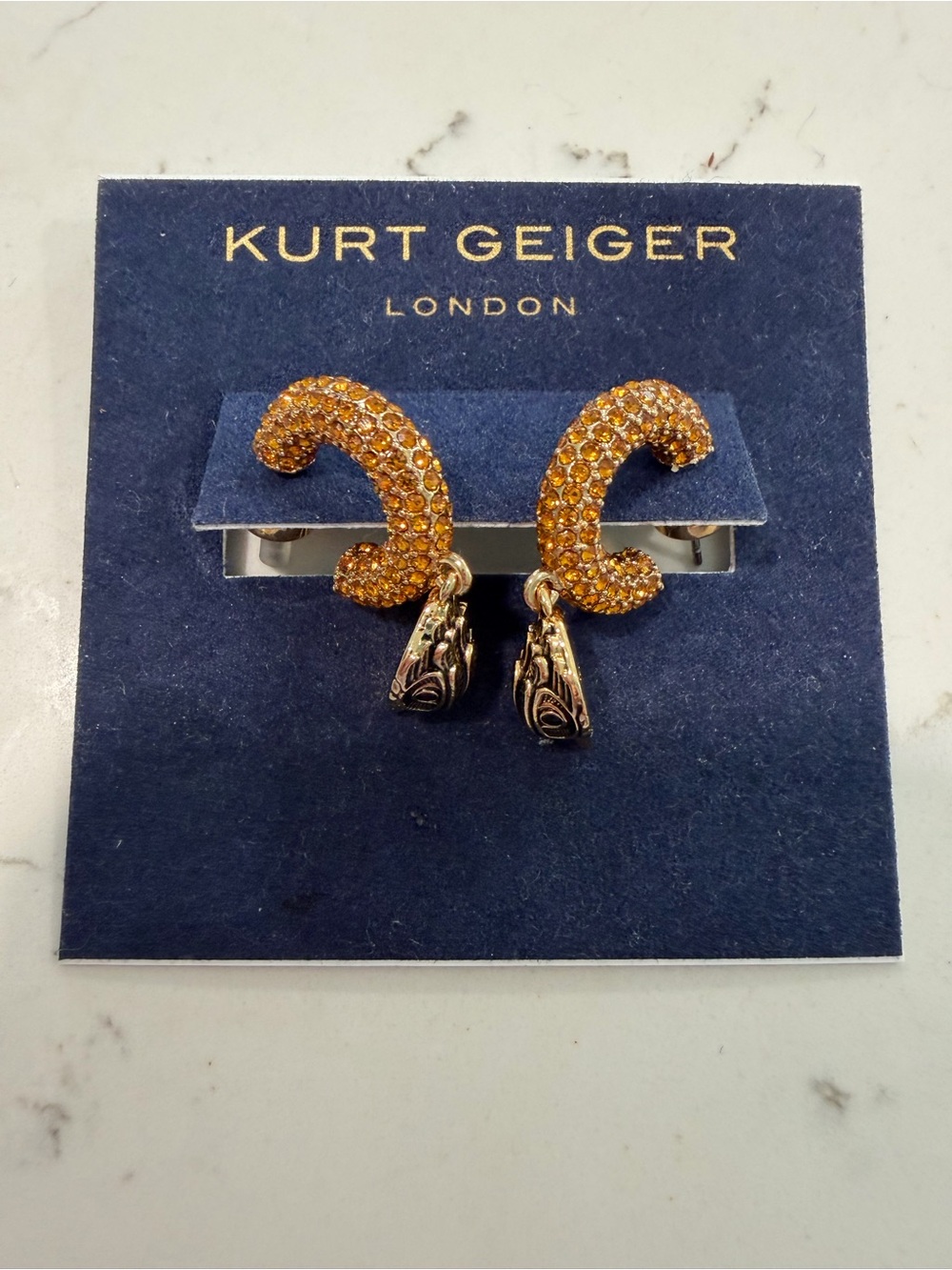 Kurt Geiger Gold Crystal C-Shape Drop Earrings